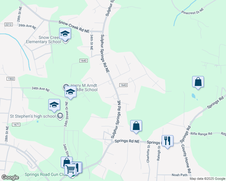 map of restaurants, bars, coffee shops, grocery stores, and more near 3411 Sulphur Springs Road Northeast in Hickory