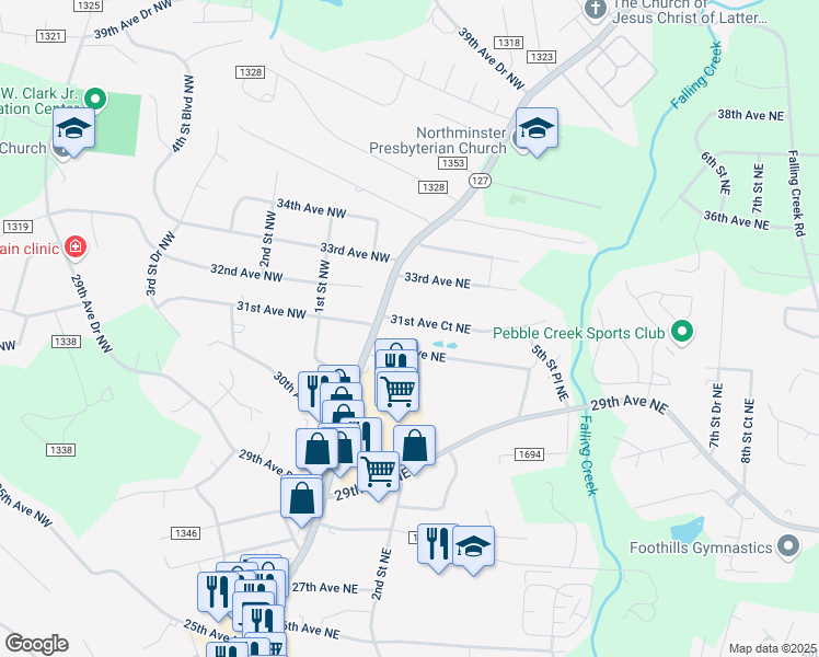 map of restaurants, bars, coffee shops, grocery stores, and more near 34 31st Avenue Court Northeast in Hickory