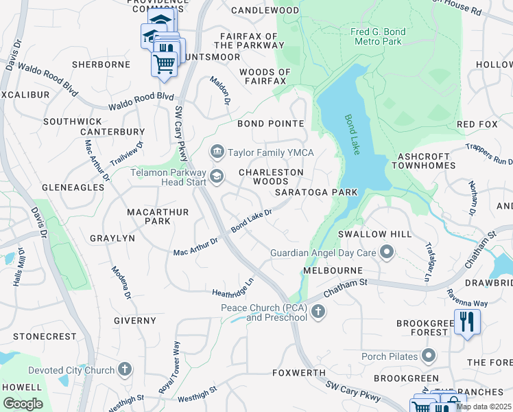 map of restaurants, bars, coffee shops, grocery stores, and more near 213 Wintermist Drive in Cary