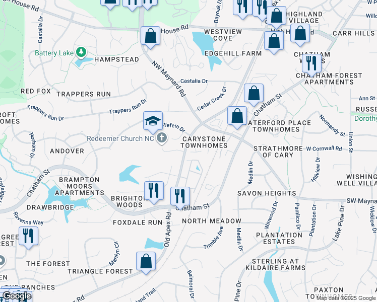 map of restaurants, bars, coffee shops, grocery stores, and more near 115 Virginia Place in Cary