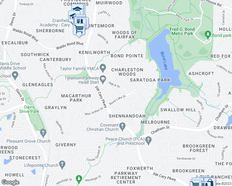 map of restaurants, bars, coffee shops, grocery stores, and more near 206 Wintermist Drive in Cary