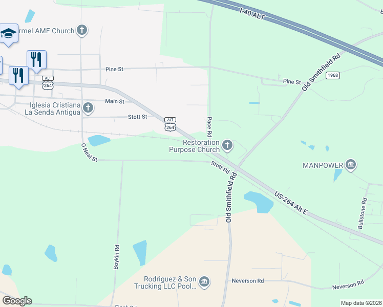 map of restaurants, bars, coffee shops, grocery stores, and more near 13247 Stott Road in Bailey