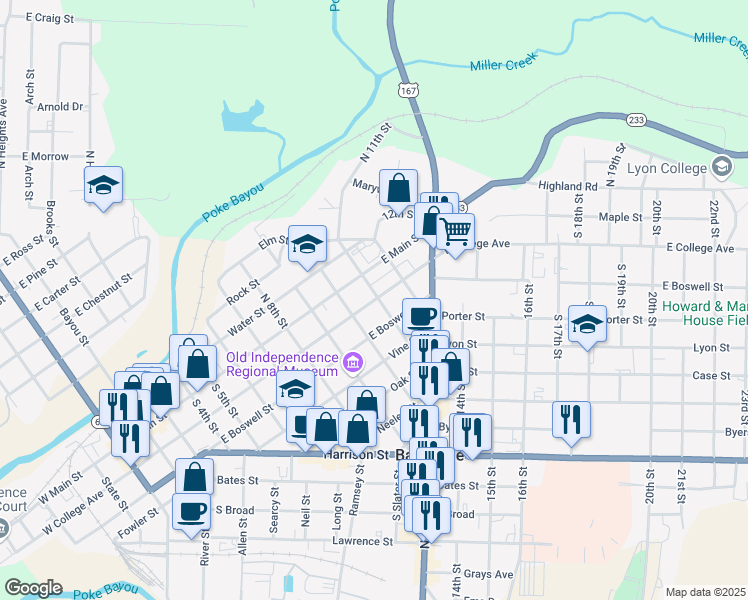 map of restaurants, bars, coffee shops, grocery stores, and more near 1087 East College Avenue in Batesville