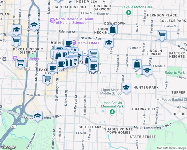 map of restaurants, bars, coffee shops, grocery stores, and more near in Raleigh