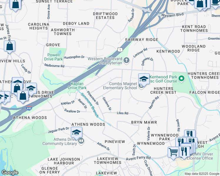 map of restaurants, bars, coffee shops, grocery stores, and more near 5020 Newcastle Road in Raleigh