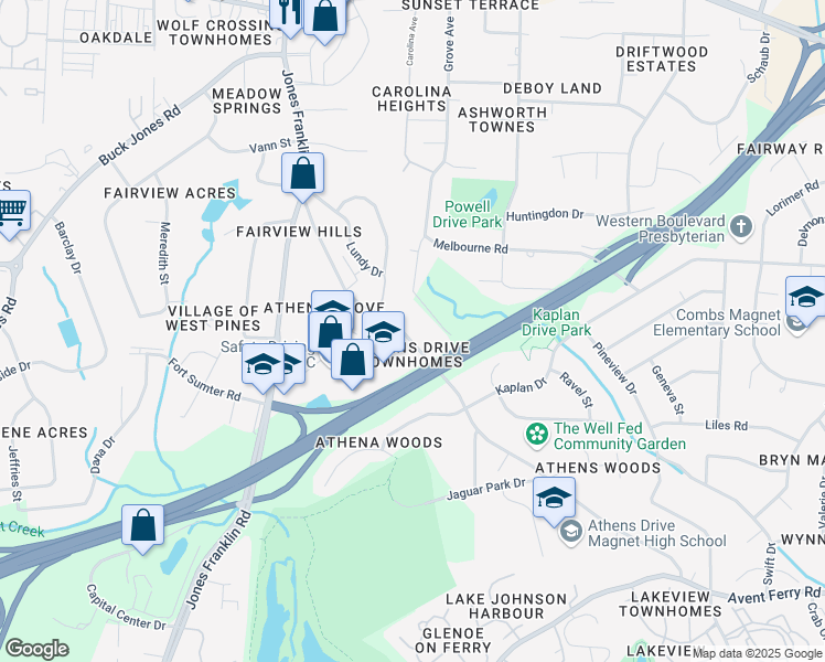 map of restaurants, bars, coffee shops, grocery stores, and more near 1013 Athens Drive in Raleigh
