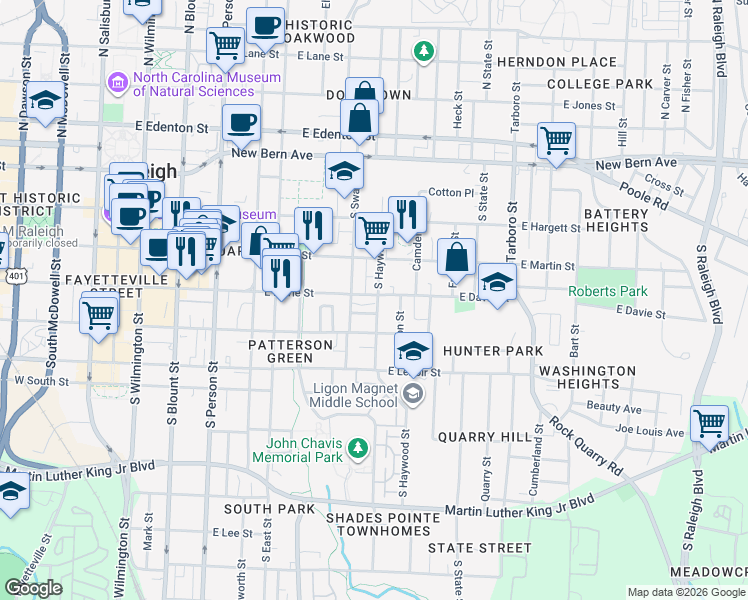 map of restaurants, bars, coffee shops, grocery stores, and more near 616 East Davie Street in Raleigh