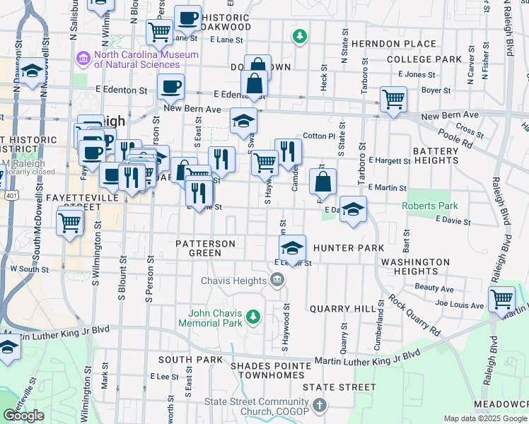 map of restaurants, bars, coffee shops, grocery stores, and more near 620 East Davie Street in Raleigh