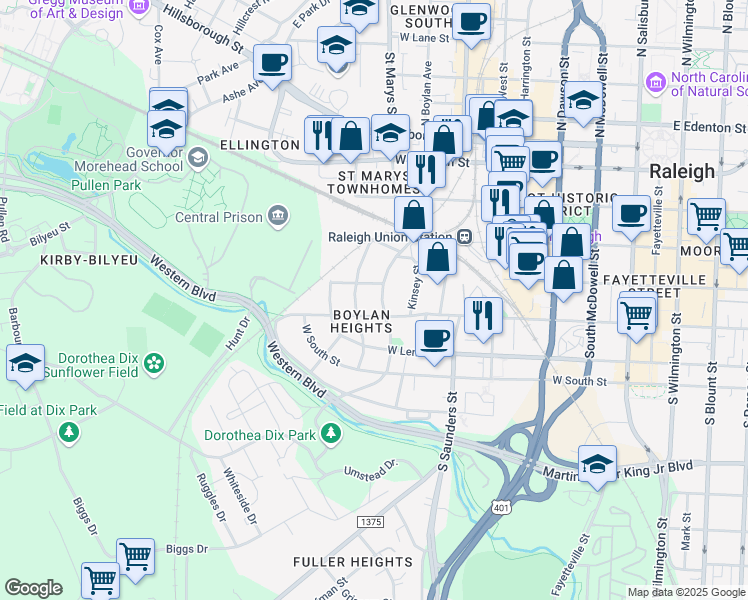 map of restaurants, bars, coffee shops, grocery stores, and more near 414 South Boylan Avenue in Raleigh