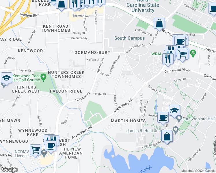map of restaurants, bars, coffee shops, grocery stores, and more near 1676 Simpkins Street in Raleigh