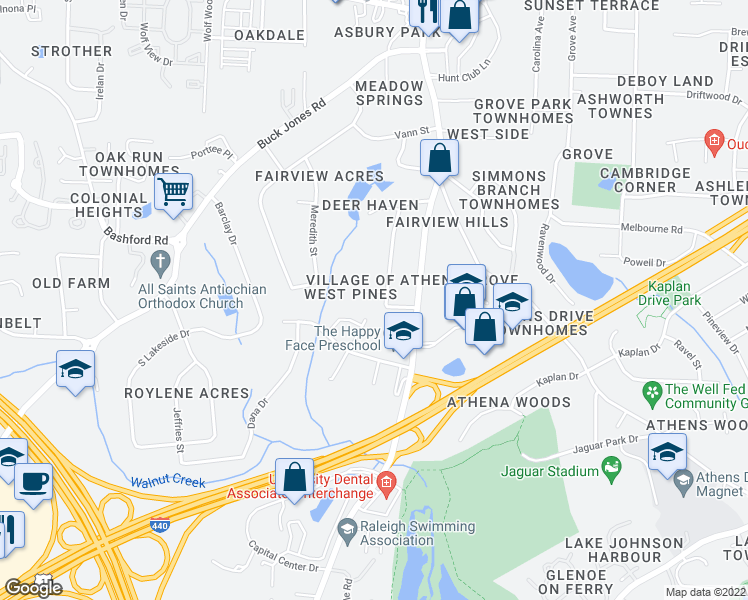 map of restaurants, bars, coffee shops, grocery stores, and more near 5217 Westpine Court in Raleigh