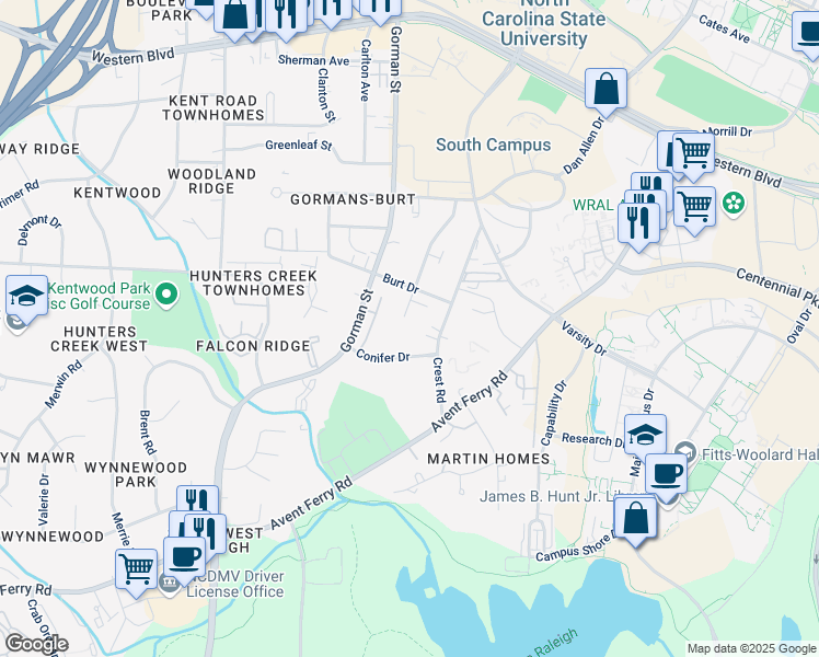 map of restaurants, bars, coffee shops, grocery stores, and more near 1676 Simpkins Street in Raleigh