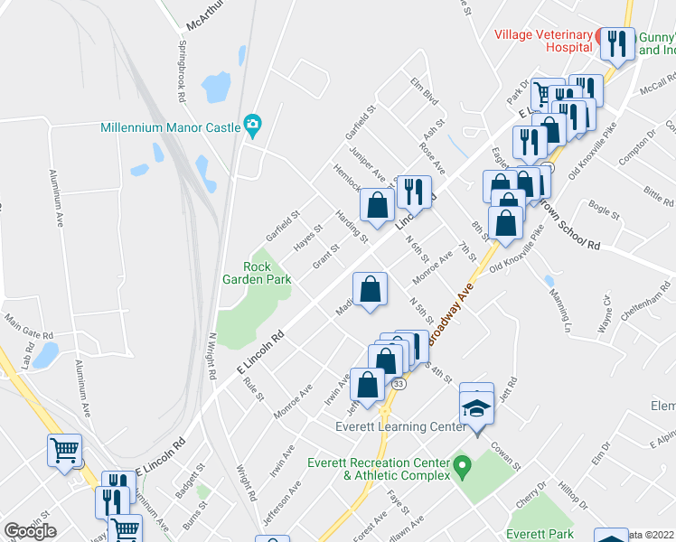 map of restaurants, bars, coffee shops, grocery stores, and more near 649 E Lincoln Rd in Alcoa