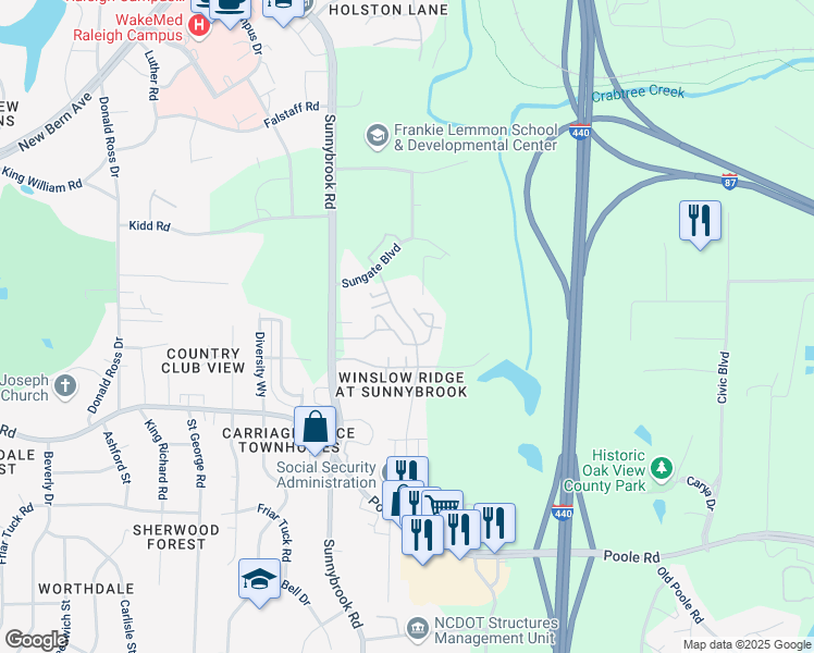 map of restaurants, bars, coffee shops, grocery stores, and more near 3304 Pine Grove Road in Raleigh