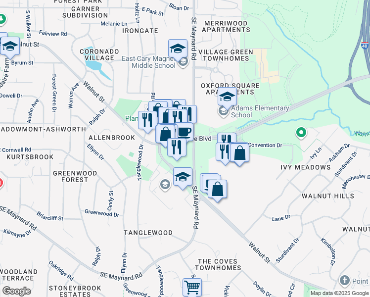 map of restaurants, bars, coffee shops, grocery stores, and more near 885 Walnut Street in Cary