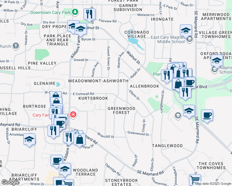 map of restaurants, bars, coffee shops, grocery stores, and more near 315 East Cornwall Road in Cary
