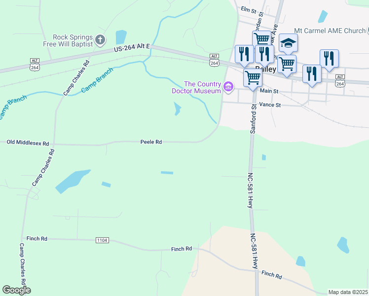 map of restaurants, bars, coffee shops, grocery stores, and more near 7421 Old Middlesex Road in Bailey