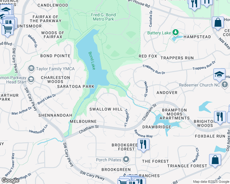 map of restaurants, bars, coffee shops, grocery stores, and more near 142 Trafalgar Lane in Cary