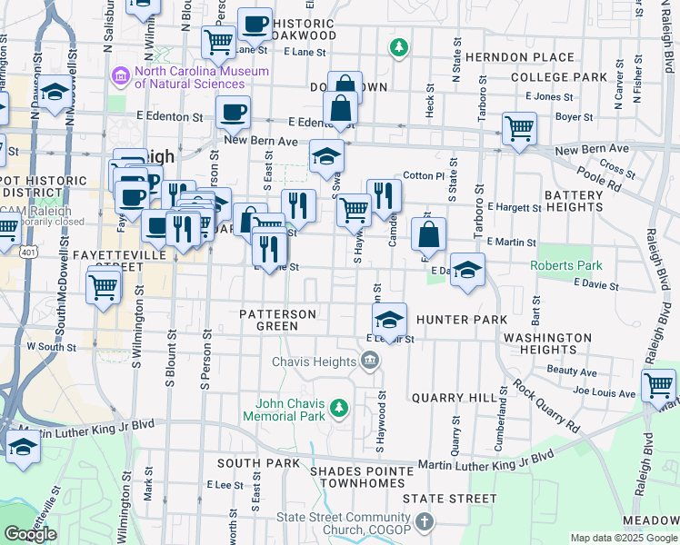 map of restaurants, bars, coffee shops, grocery stores, and more near 604 East Davie Street in Raleigh