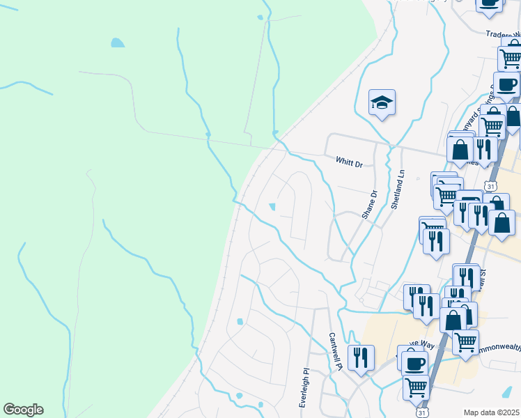 map of restaurants, bars, coffee shops, grocery stores, and more near 4158 Miles Johnson Parkway in Spring Hill