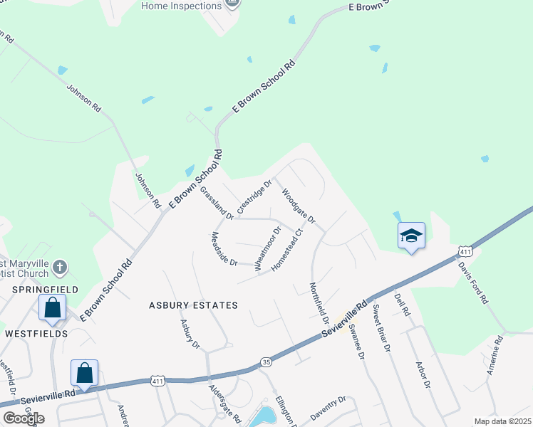map of restaurants, bars, coffee shops, grocery stores, and more near 103 Knoll Lane in Maryville