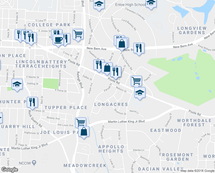 map of restaurants, bars, coffee shops, grocery stores, and more near 416 Parnell Drive in Raleigh