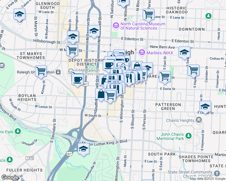 map of restaurants, bars, coffee shops, grocery stores, and more near 414 Fayetteville Street in Raleigh