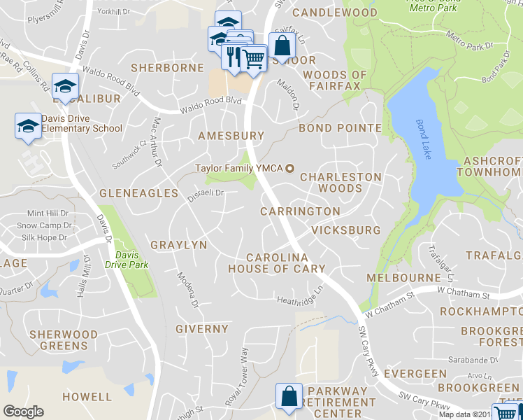 map of restaurants, bars, coffee shops, grocery stores, and more near 108 Barons Glenn Way in Cary