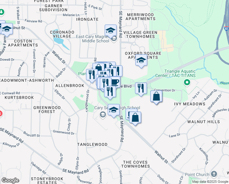 map of restaurants, bars, coffee shops, grocery stores, and more near 770 Cary Towne Boulevard in Cary