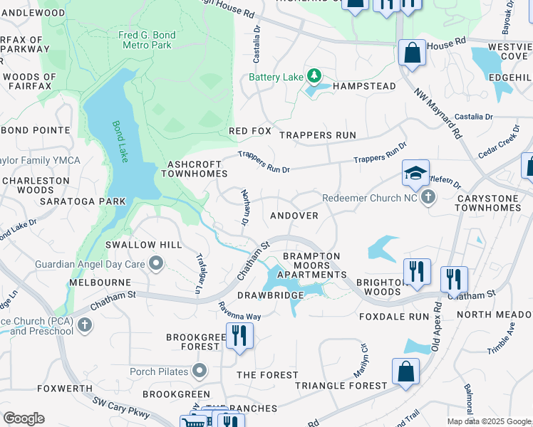 map of restaurants, bars, coffee shops, grocery stores, and more near 105 South Knightsbridge Road in Cary