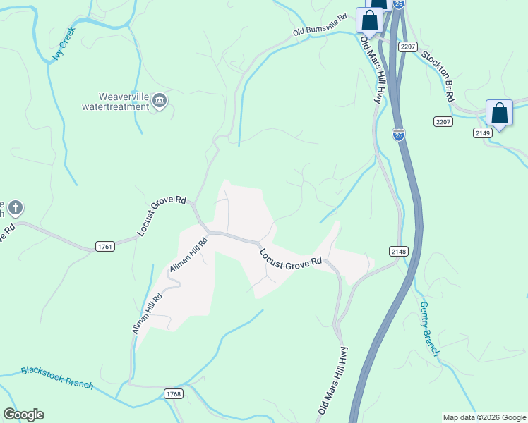 map of restaurants, bars, coffee shops, grocery stores, and more near 20 Moss Road in Weaverville