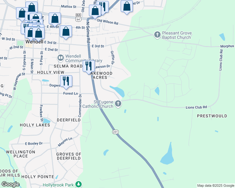 map of restaurants, bars, coffee shops, grocery stores, and more near 281 Lakewood Drive in Wendell