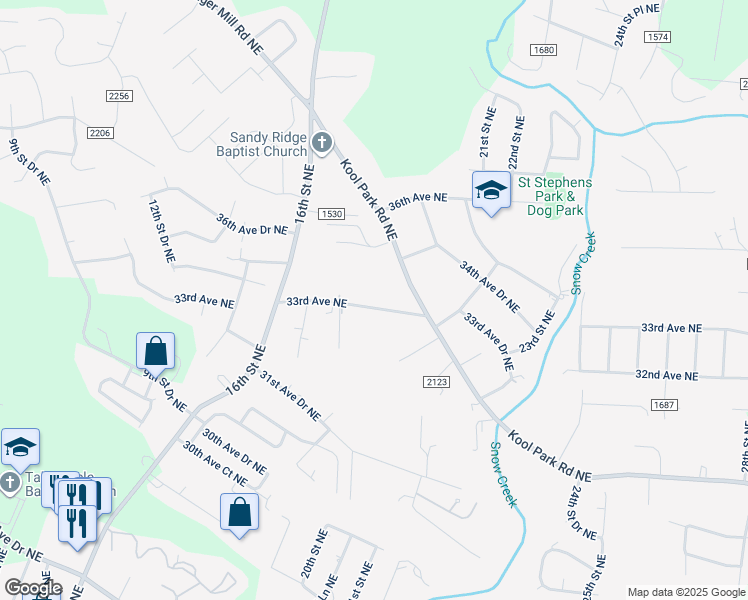 map of restaurants, bars, coffee shops, grocery stores, and more near 1905 33rd Avenue Northeast in Hickory