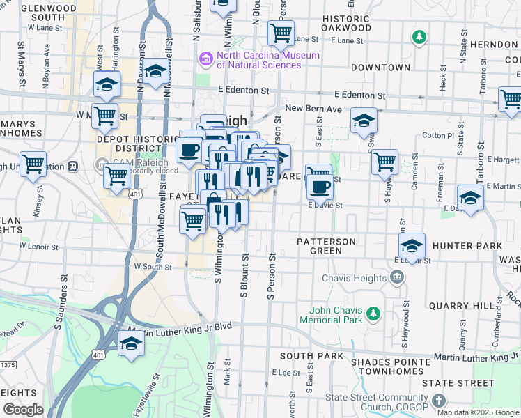 map of restaurants, bars, coffee shops, grocery stores, and more near 403 South Blount Street in Raleigh