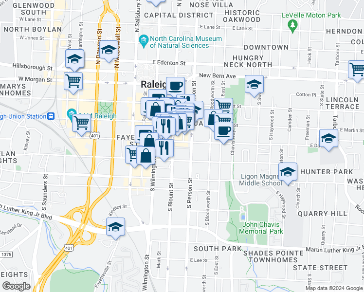 map of restaurants, bars, coffee shops, grocery stores, and more near 272 East Davie Street in Raleigh