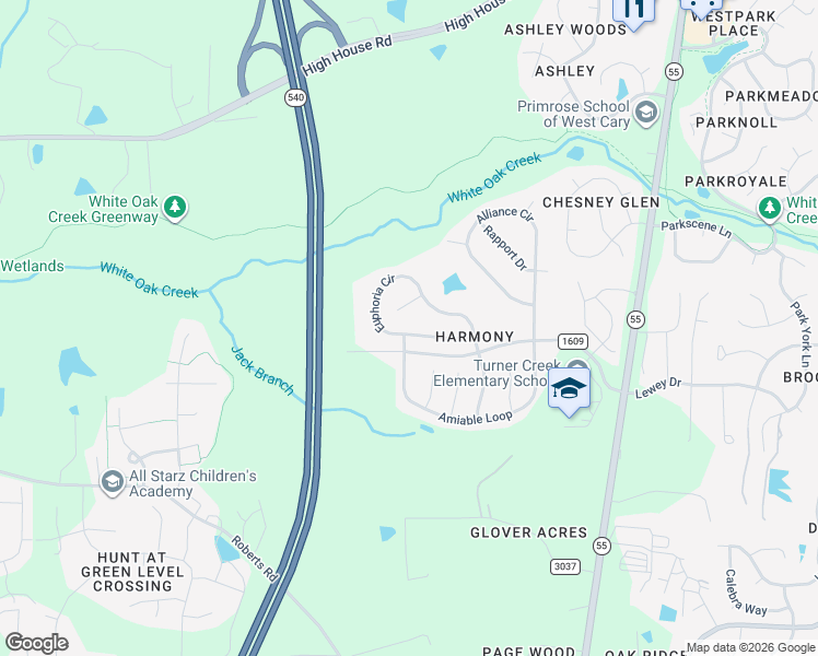 map of restaurants, bars, coffee shops, grocery stores, and more near 401 Euphoria Circle in Cary