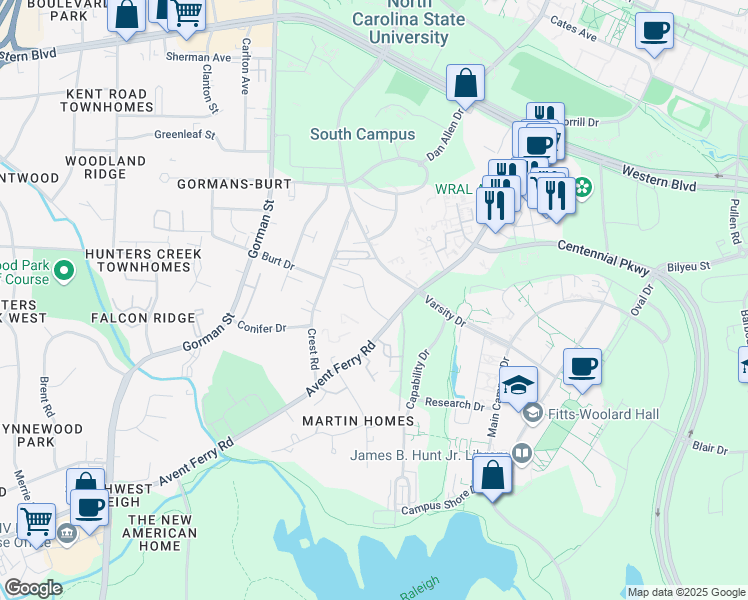 map of restaurants, bars, coffee shops, grocery stores, and more near 3520 Ivy Commons Drive in Raleigh
