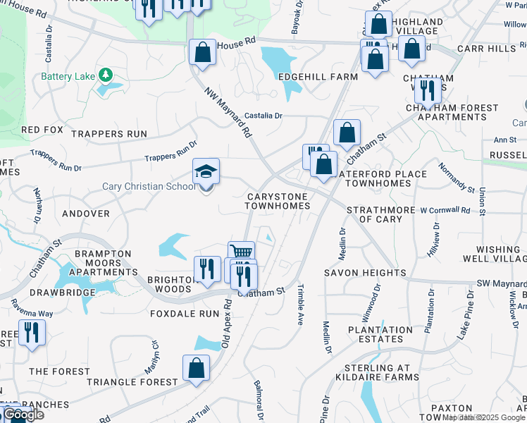 map of restaurants, bars, coffee shops, grocery stores, and more near 102 Virginia Place in Cary