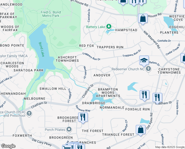 map of restaurants, bars, coffee shops, grocery stores, and more near 105 South Knightsbridge Road in Cary