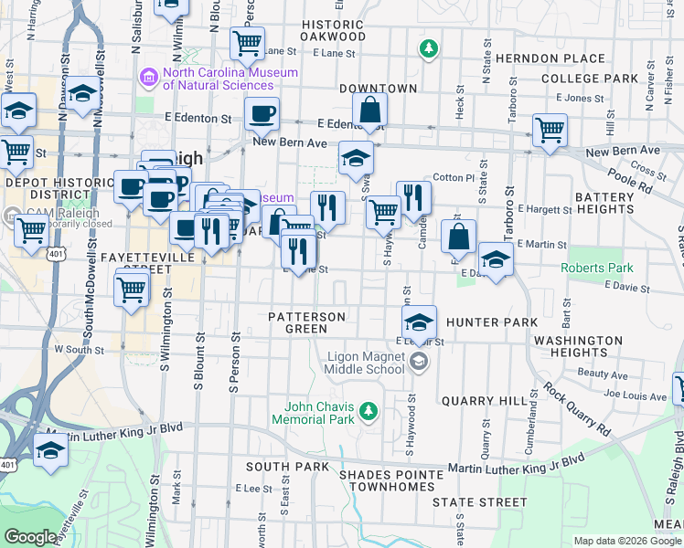 map of restaurants, bars, coffee shops, grocery stores, and more near 548 East Davie Street in Raleigh