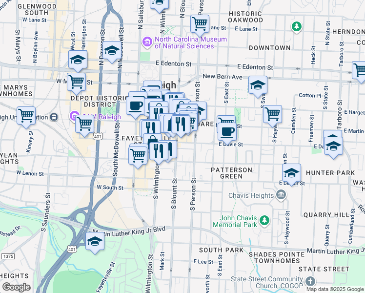 map of restaurants, bars, coffee shops, grocery stores, and more near 200 East Davie Street in Raleigh