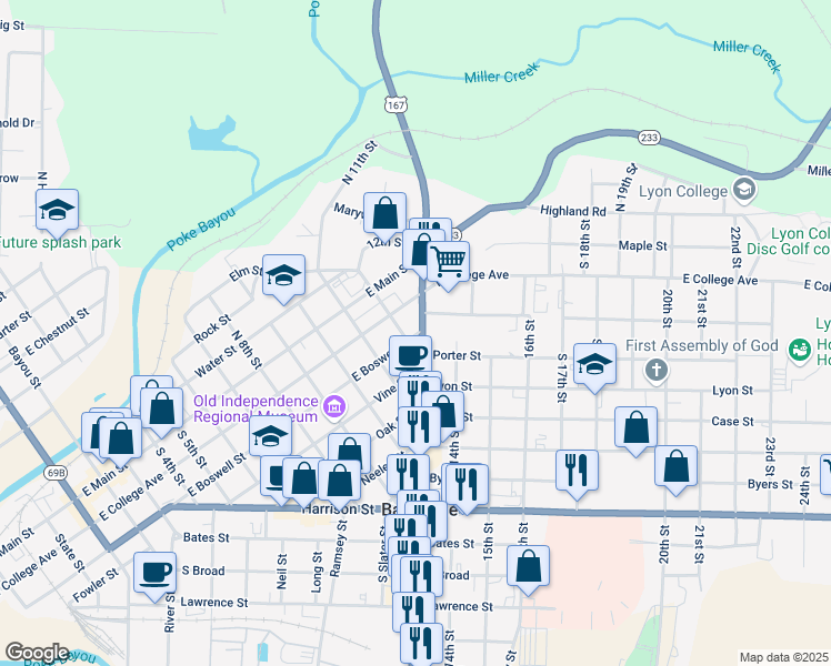 map of restaurants, bars, coffee shops, grocery stores, and more near 1215 East Boswell Street in Batesville
