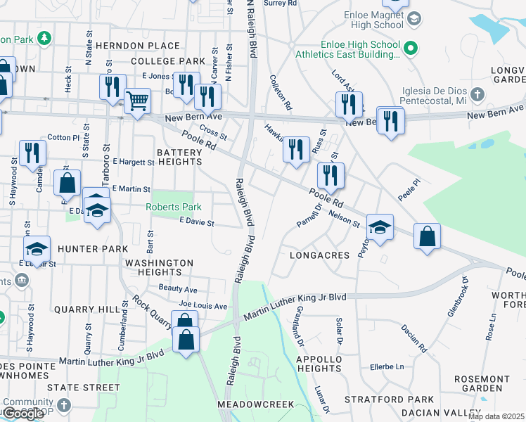 map of restaurants, bars, coffee shops, grocery stores, and more near 1629 Battery Drive in Raleigh