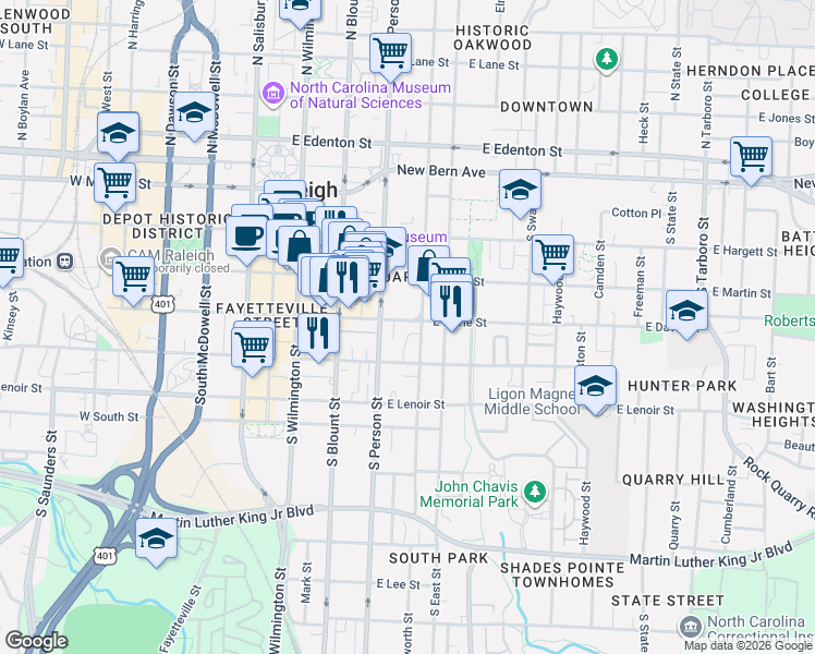 map of restaurants, bars, coffee shops, grocery stores, and more near 310 East Davie Street in Raleigh