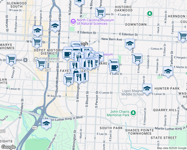 map of restaurants, bars, coffee shops, grocery stores, and more near 403 South Blount Street in Raleigh