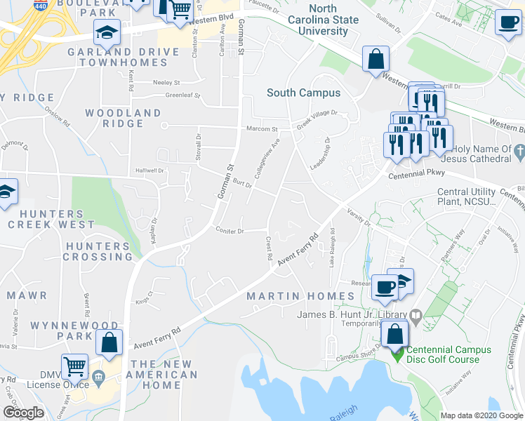 map of restaurants, bars, coffee shops, grocery stores, and more near 1626 Crest Road in Raleigh