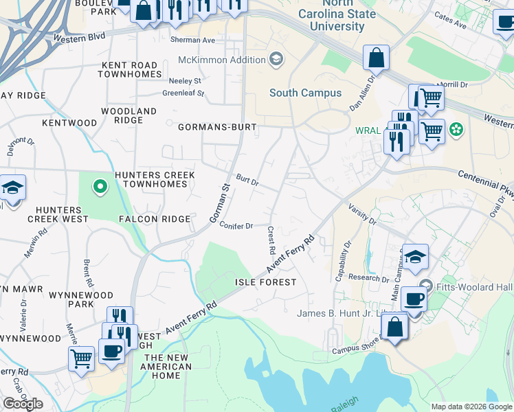 map of restaurants, bars, coffee shops, grocery stores, and more near 1676 Simpkins Street in Raleigh