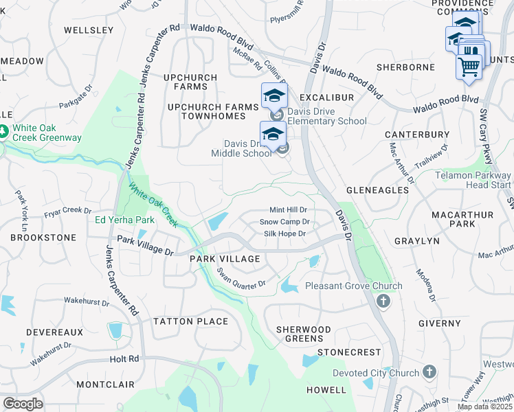 map of restaurants, bars, coffee shops, grocery stores, and more near 219 Mint Hill Drive in Cary