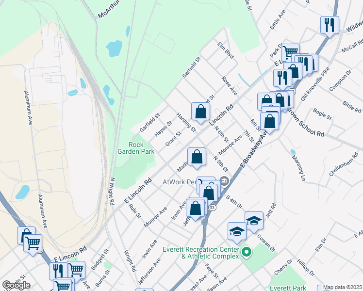 map of restaurants, bars, coffee shops, grocery stores, and more near 649 East Lincoln Road in Alcoa