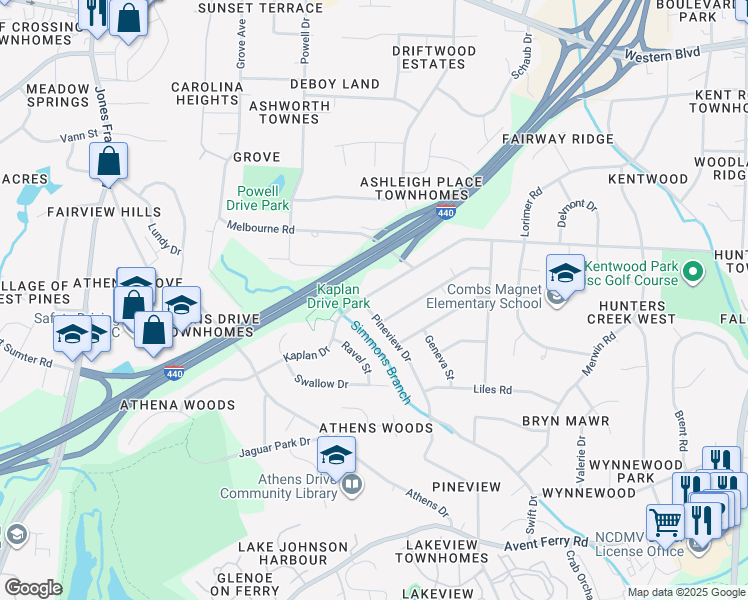 map of restaurants, bars, coffee shops, grocery stores, and more near 1201 Pineview Drive in Raleigh